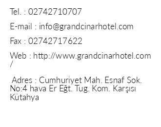 Ktahya Grand nar Hotel iletiim bilgileri